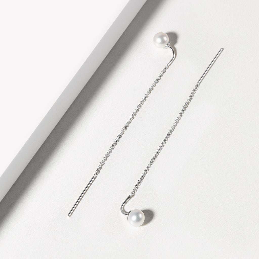 LONG PEARL DANGLE EARRINGS IN WHITE GOLD - PEARL EARRINGS - PEARL JEWELRY