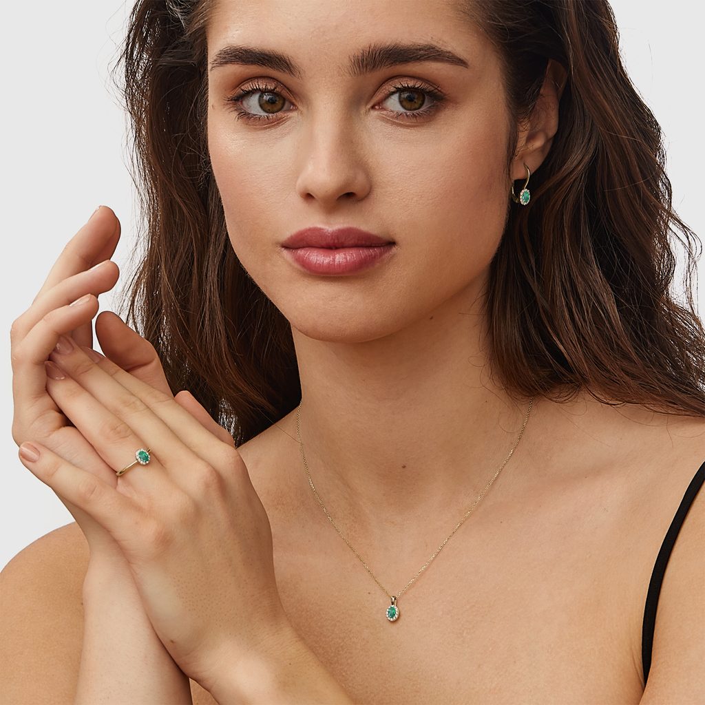 OVAL EMERALD AND DIAMOND GOLD HALO EARRINGS - EMERALD EARRINGS - EARRINGS