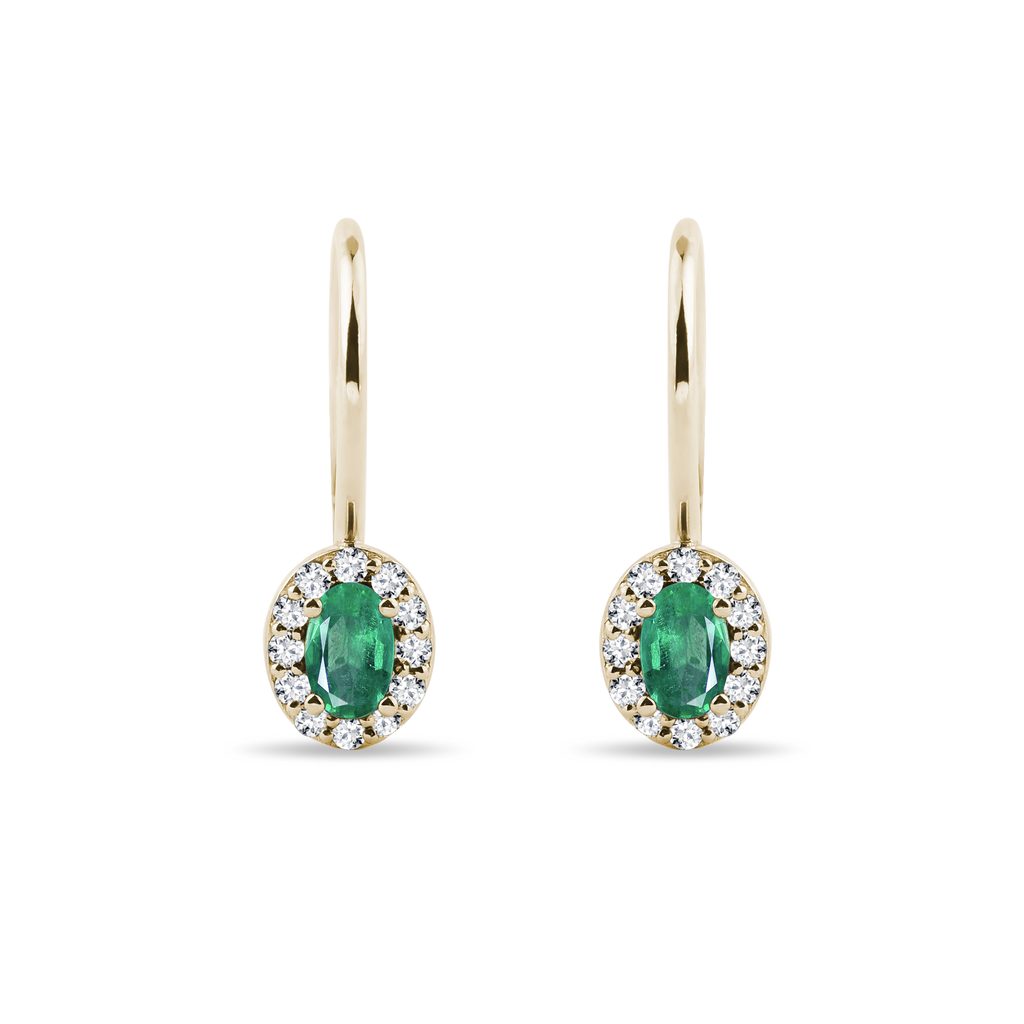 Oval Emerald and Diamond Gold Halo Earrings OVAL EMERALD AND DIAMOND GOLD HALO EARRINGS - EMERALD EARRINGS - EARRINGS