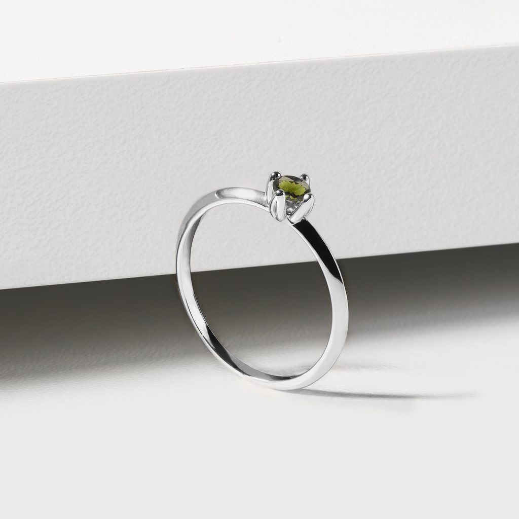 DAINTY MOLDAVITE RING IN 14K WHITE GOLD - MOLDAVITE RINGS - RINGS