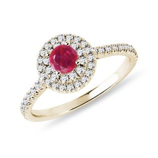 RUBY AND DIAMOND GOLD HALO RING - RUBY ENGAGEMENT RINGS - ENGAGEMENT RINGS