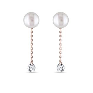 14K ROSE GOLD PEARL STUD EARRINGS WITH CHAIN AND DIAMONDS - PEARL EARRINGS - PEARL JEWELRY