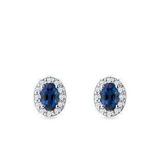 OVAL SAPPHIRE AND DIAMOND WHITE GOLD HALO STUD EARRINGS - SAPPHIRE EARRINGS - EARRINGS