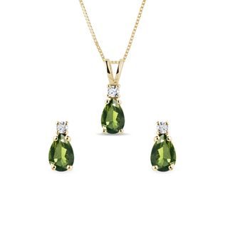 MOLDAVITE TEARDROP JEWELRY SET MADE OF YELLOW GOLD - GEMSTONE SETS - FINE JEWELRY