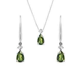 MOLDAVITE EARRING AND NECKLACE SET IN WHITE GOLD - GEMSTONE SETS - FINE JEWELRY