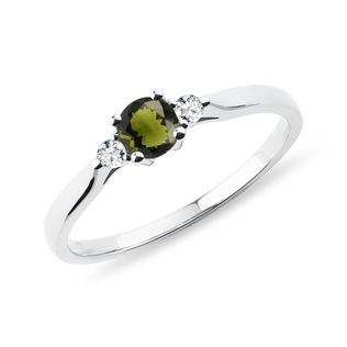 MOLDAVITE AND DIAMOND TRILOGY RING IN 14K WHITE GOLD - MOLDAVITE RINGS - RINGS