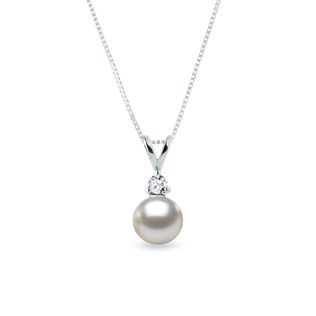 PEARL NECKLACE WITH A DIAMOND IN WHITE GOLD - PEARL PENDANTS - PEARL JEWELRY