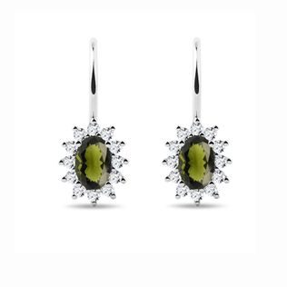 EARRINGS WITH DIAMONDS AND MOLDAVITE IN WHITE GOLD - MOLDAVITE EARRINGS - EARRINGS