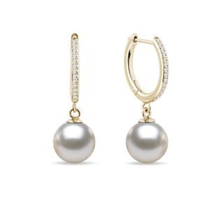 AKOYA PEARL AND DIAMOND DANGLE EARRINGS IN YELLOW GOLD - PEARL EARRINGS - PEARL JEWELRY