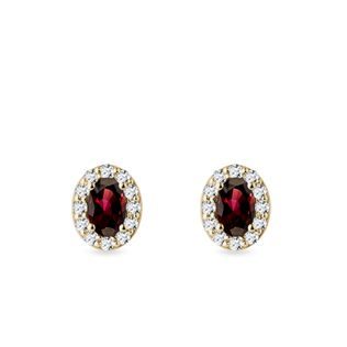OVAL GARNET AND DIAMOND GOLD HALO STUD EARRINGS - GARNET EARRINGS - EARRINGS