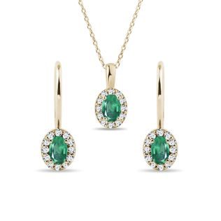 EMERALD AND DIAMOND HALO JEWELRY SET IN 14K GOLD - GEMSTONE SETS - FINE JEWELRY