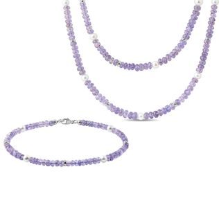 NATURAL TANZANITE AND PEARL JEWELRY SET IN WHITE GOLD - GEMSTONE SETS - FINE JEWELRY