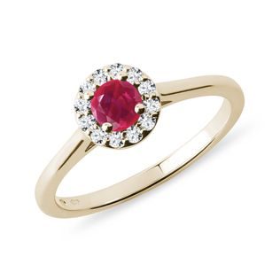 RUBY AND DIAMOND HALO RING IN YELLOW GOLD - RUBY ENGAGEMENT RINGS - ENGAGEMENT RINGS