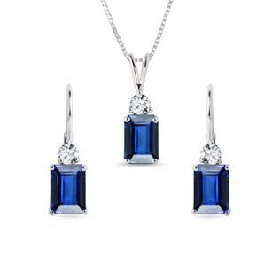 SAPPHIRE EARRING AND NECKLACE SET IN WHITE GOLD - GEMSTONE SETS - FINE JEWELRY