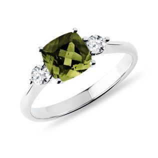 CUSHION CUT MOLDAVITE RING IN 14K WHITE GOLD - MOLDAVITE RINGS - RINGS