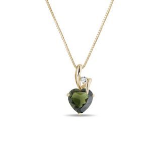MOLDAVITE AND DIAMOND GOLD HEART NECKLACE - MOLDAVITE NECKLACES - NECKLACES