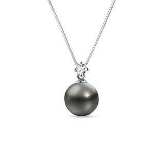 TAHITIAN PEARL AND DIAMOND WHITE GOLD NECKLACE - PEARL PENDANTS - PEARL JEWELRY