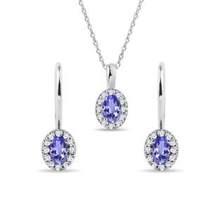 TANZANITE AND DIAMOND HALO JEWELRY SET IN WHITE GOLD - GEMSTONE SETS - FINE JEWELRY