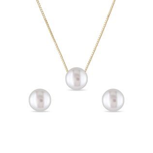 PEARL EARRING AND NECKLACE SET IN YELLOW GOLD - PEARL SETS - PEARL JEWELRY