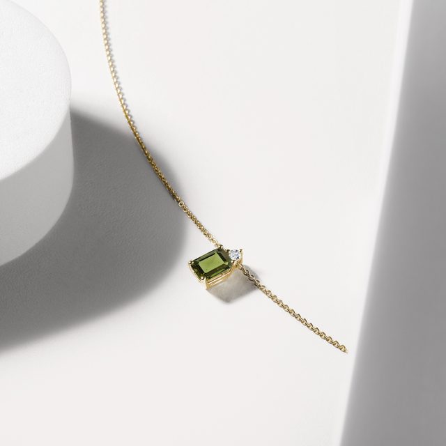 MOLDAVITE AND DIAMOND GOLD NECKLACE - MOLDAVITE NECKLACES - 