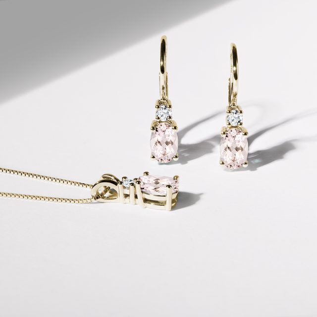 MORGANITE AND DIAMOND GOLD DROP EARRINGS - MORGANITE EARRINGS - 