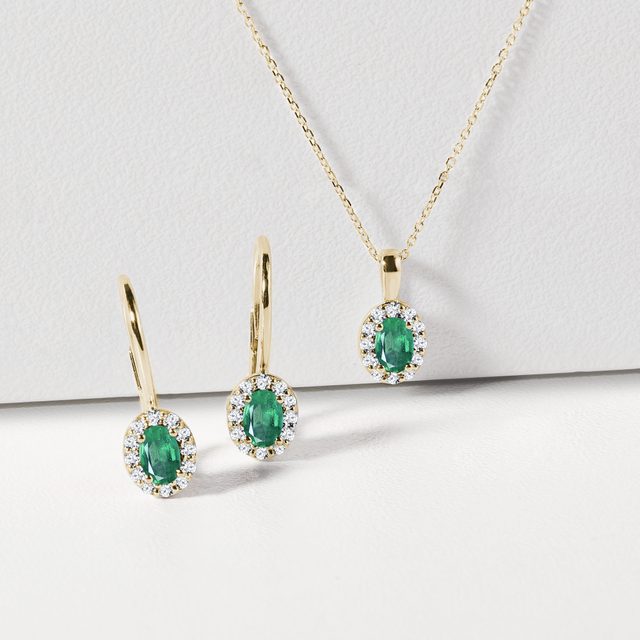 OVAL EMERALD AND DIAMOND GOLD HALO EARRINGS - EMERALD EARRINGS - 