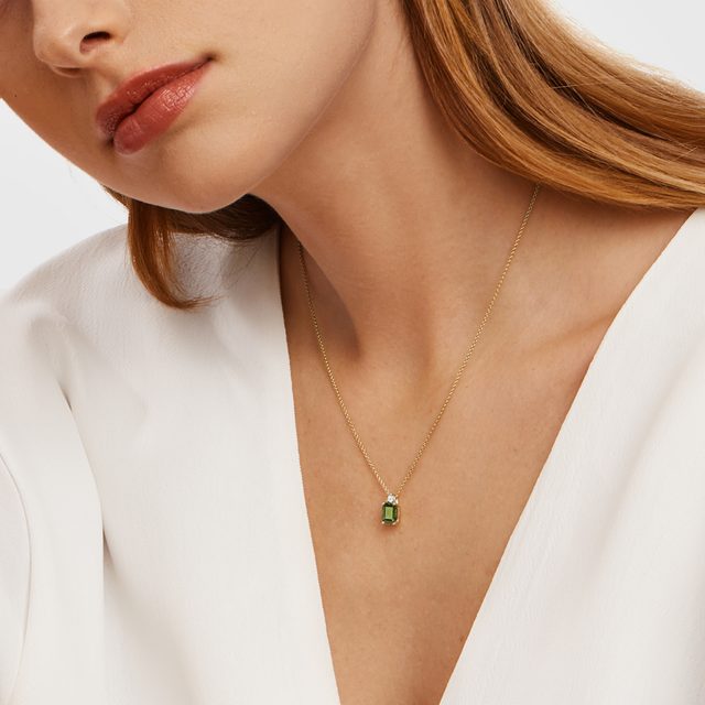 MOLDAVITE AND DIAMOND GOLD NECKLACE - MOLDAVITE NECKLACES - 