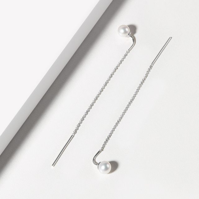 LONG PEARL DANGLE EARRINGS IN WHITE GOLD - PEARL EARRINGS - 