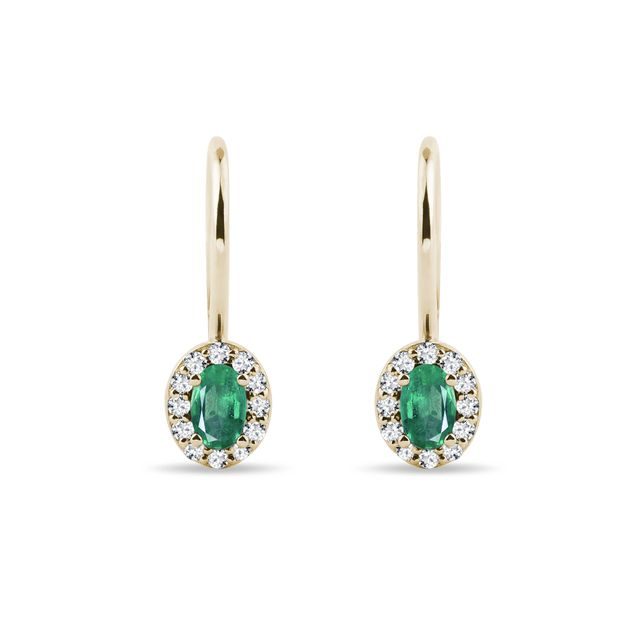OVAL EMERALD AND DIAMOND GOLD HALO EARRINGS - EMERALD EARRINGS - EARRINGS
