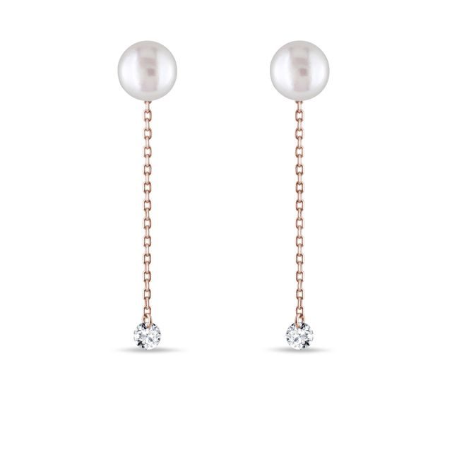 ŘETÍZKOVÉ NÁUŠNICE S PERLOU A DIAMANTEM V RŮŽOVÉM 14K ZLATĚ - PERLOVÉ NÁUŠNICE - PERLOVÉ ŠPERKY