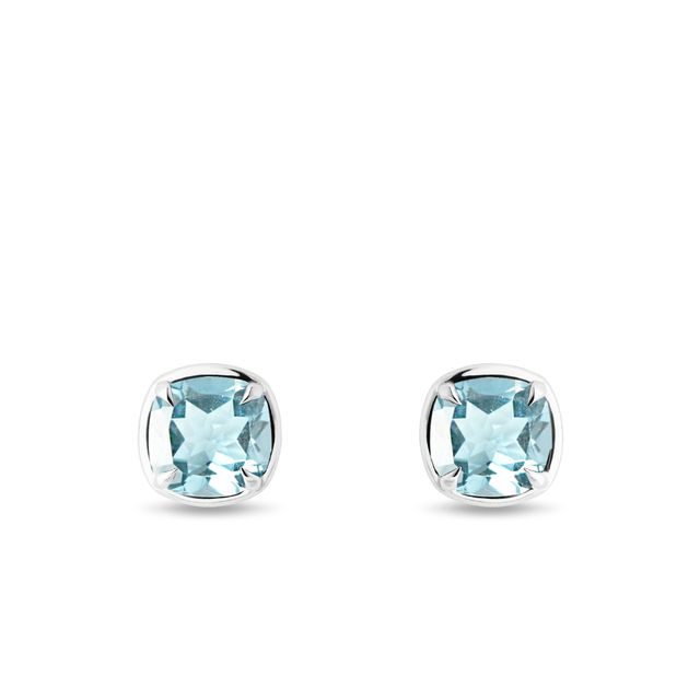 CUSHION CUT SKY BLUE TOPAZ STUD EARRINGS IN WHITE GOLD - TOPAZ EARRINGS - EARRINGS