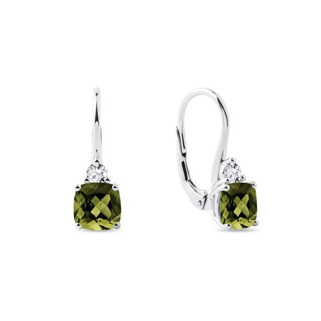 MOLDAVITE AND DIAMOND EARRINGS IN WHITE GOLD - MOLDAVITE EARRINGS - EARRINGS