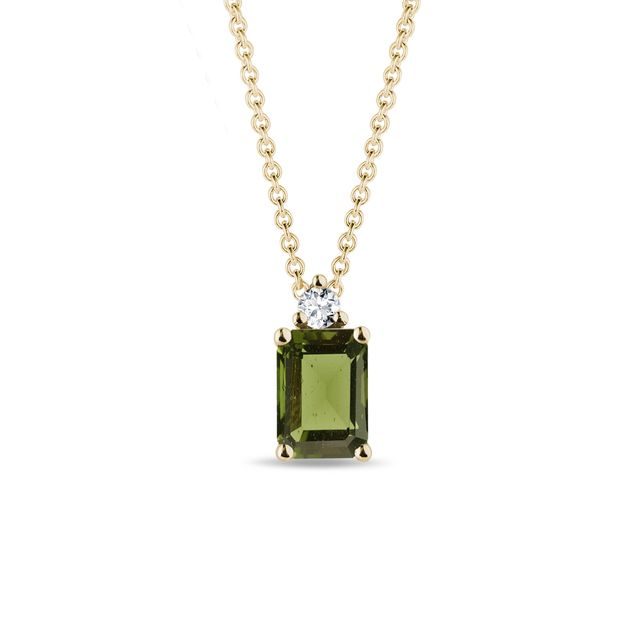 MOLDAVITE AND DIAMOND GOLD NECKLACE - MOLDAVITE NECKLACES - NECKLACES