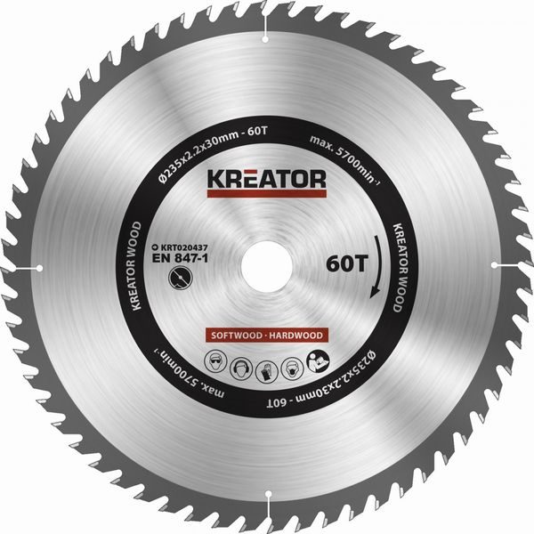 KREATOR KRT020437 PILOVÝ KOTOUČ NA DŘEVO 235MM 60T - PRŮMĚR 230, 235, 240 A 250{% if zbozi.kategorie.adresa_nazvy[0] != zbozi.kategorie.nazev %} - PŘÍSLUŠENSTVÍ{% endif %}