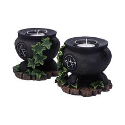 Set of Two Ivy Cauldron Witches Candle Holders 11cm