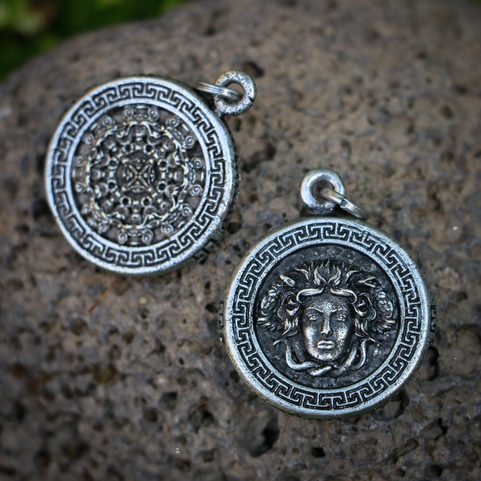 GREEK MEDUSA, MYTHOLOGY, ZINC PENDANT, ANT. SILVER