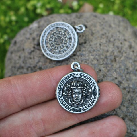 GREEK MEDUSA, MYTHOLOGY, ZINC PENDANT, ANT. SILVER