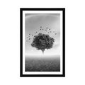 AFFICHE – ARBRE SOLITAIRE DANS UNE PRAIRIE EN NOIR ET BLANC - NOIR ET BLANC - AFFICHES