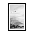 AFFICHE AVEC PASSE-PARTOUT – VOL D'OISEAUX AU-DESSUS DU PAYSAGE EN NOIR ET BLANC - NOIR ET BLANC - AFFICHES