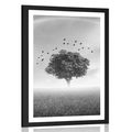 AFFICHE – ARBRE SOLITAIRE DANS UNE PRAIRIE EN NOIR ET BLANC - NOIR ET BLANC - AFFICHES
