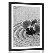 AFFICHE AVEC PASSE-PARTOUT – JARDIN ZEN SABLEUX AVEC ORCHIDÉE EN NOIR ET BLANC - NOIR ET BLANC - AFFICHES