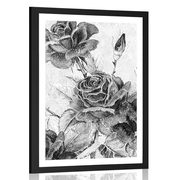 AFFICHE AVEC PASSE-PARTOUT – BOUQUET VINTAGE DE ROSES EN NOIR ET BLANC - NOIR ET BLANC - AFFICHES