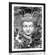 AFFICHE AVEC PASSE-PARTOUT – BOUDDHA SUR FOND EXOTIQUE EN NOIR ET BLANC - NOIR ET BLANC - AFFICHES