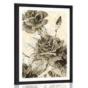 AFFICHE AVEC PASSE-PARTOUT – BOUQUET VINTAGE DE ROSES EN SÉPIA - NOIR ET BLANC - AFFICHES