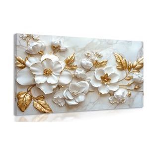 TABLEAU SUR TOILE – FLEURS 3D AUX FEUILLES DORÉES - TABLEAUX DE FLEURS - TABLEAUX
