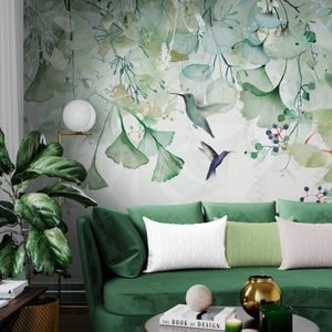 PAPIER PEINT – FEUILLES VERTES AVEC COLIBRIS - PAPIER PEINT FEUILLES - PAPIERS PEINTS PANORAMIQUES