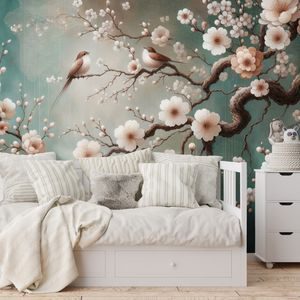 PAPIER PEINT – FLEURS DÉLICATES ET OISEAUX SUR BRANCHES - PAPIERS PEINTS FLEURS - PAPIERS PEINTS PANORAMIQUES