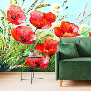 PAPIER PEINT – COQUELICOTS ROUGES DANS LE CHAMP - PAPIERS PEINTS FLEURS - PAPIERS PEINTS PANORAMIQUES