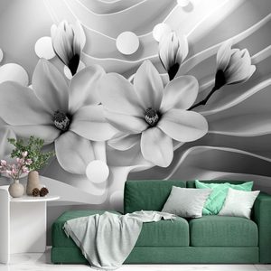 PAPIER PEINT – MAGNOLIA NOIR ET BLANC SUR FOND ABSTRAIT - PAPIERS PEINTS NOIR ET BLANC - PAPIERS PEINTS PANORAMIQUES