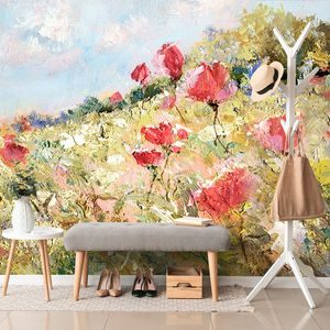 PAPIER PEINT – COQUELICOTS PEINTS DANS LA PRAIRIE - PAPIERS PEINTS AVEC IMITATION DE PEINTURES - PAPIERS PEINTS PANORAMIQUES